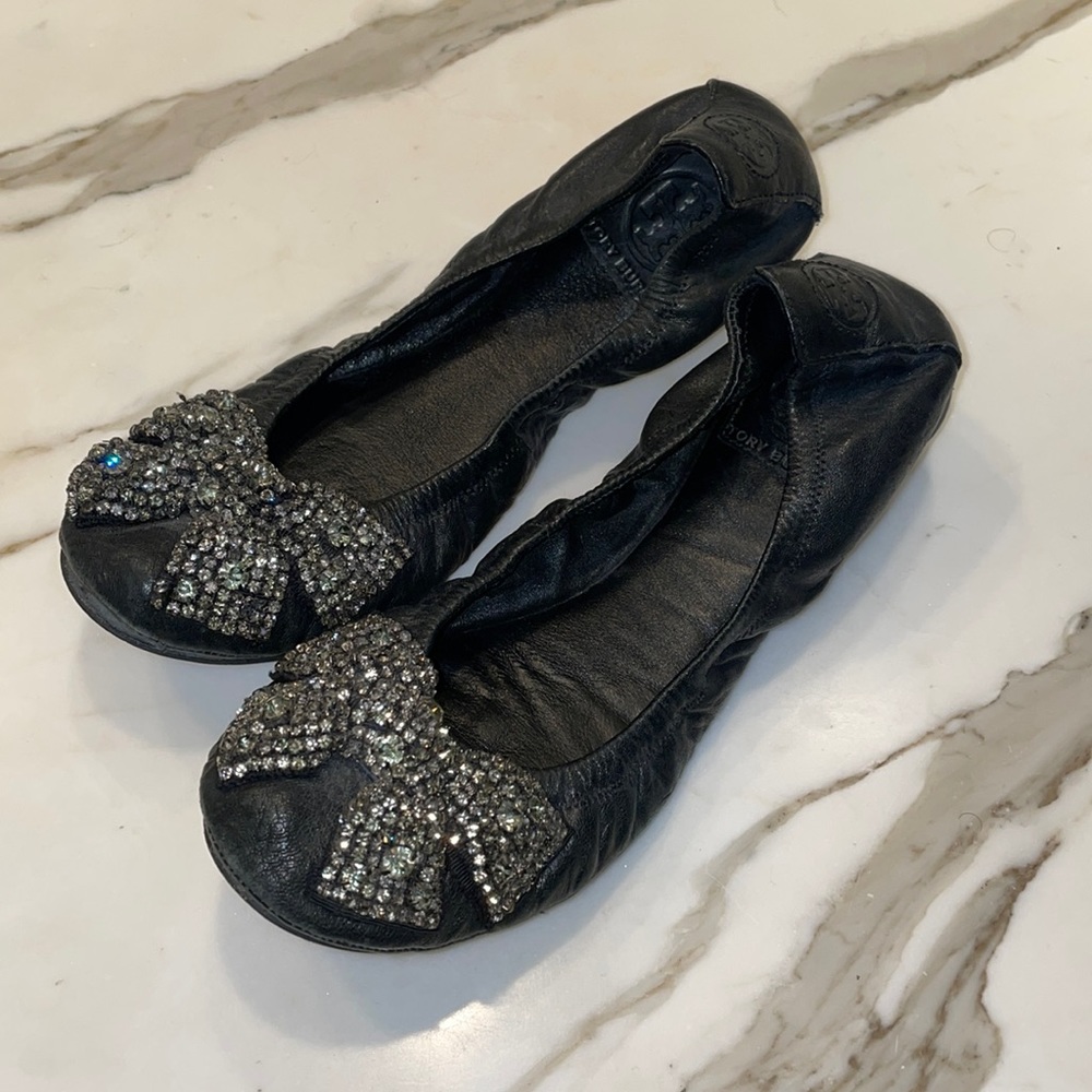 Tory Burch Eddie crystal bow flats